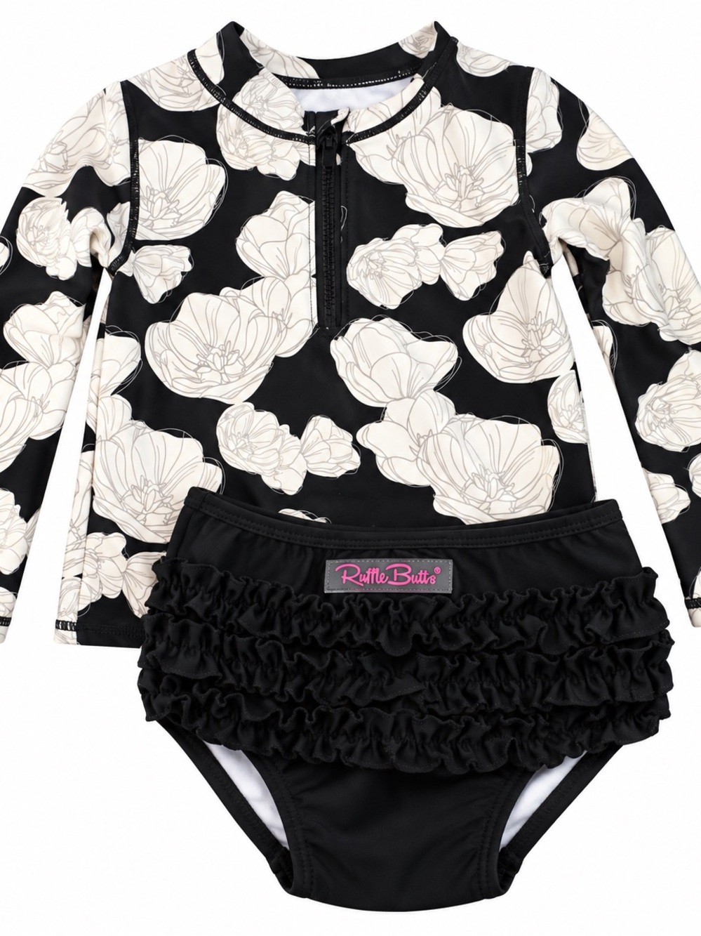 Ruffle Butts Black & Cream Floral Ruffle Rashguard Swim Set